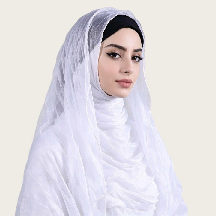 HilalHaven Shimmer Fold Crinkle Organza Hijab — Lightweight Sheen Texture Long Headscarf - Sheer White - image 5