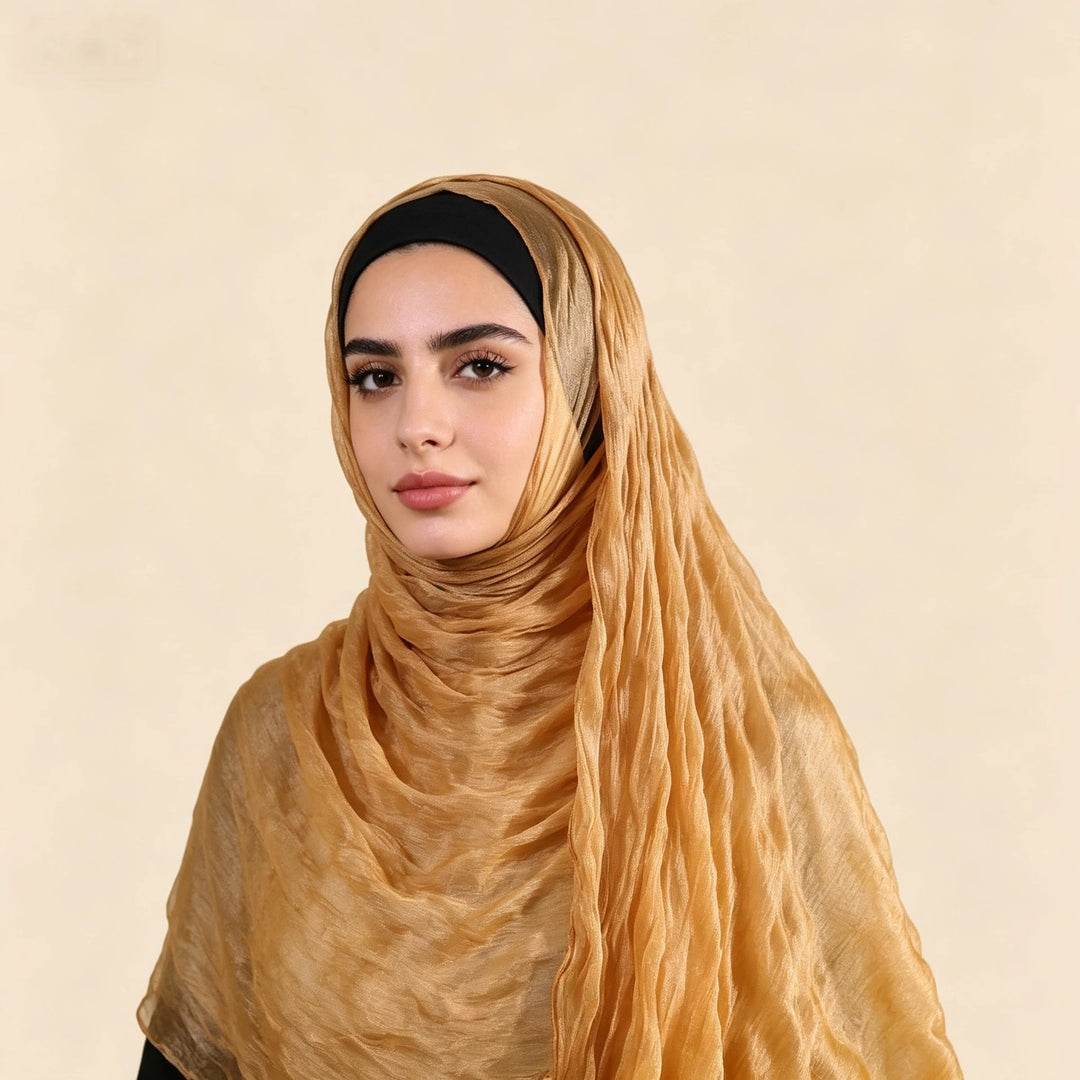 HilalHaven Shimmer Fold Crinkle Organza Hijab — Lightweight Sheen Texture Long Headscarf - Honey Ochre - image 6