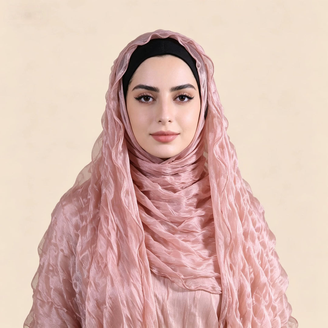 HilalHaven Shimmer Fold Crinkle Organza Hijab — Lightweight Sheen Texture Long Headscarf - Dusty Blush - image 8