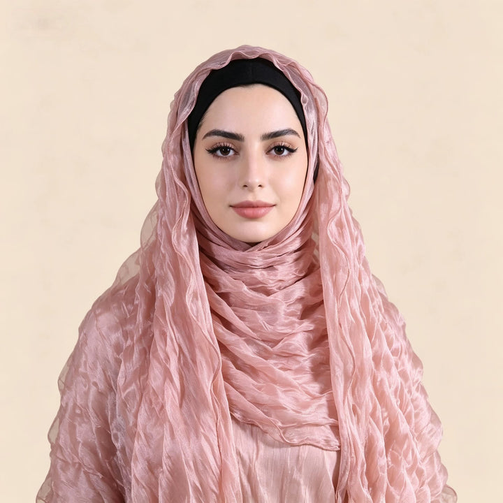 HilalHaven Shimmer Fold Crinkle Organza Hijab — Lightweight Sheen Texture Long Headscarf - Dusty Blush - image 8