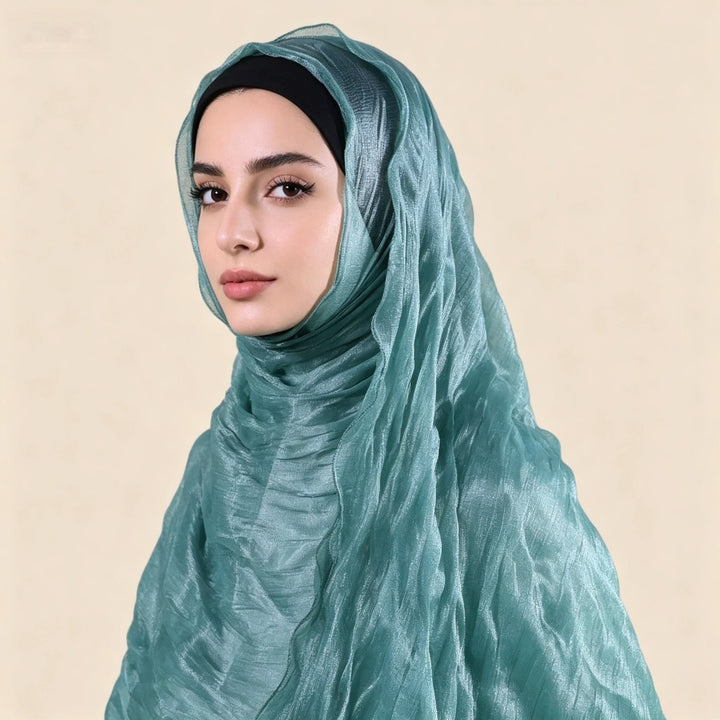 HilalHaven Shimmer Fold Crinkle Organza Hijab — Lightweight Sheen Texture Long Headscarf - Teal Shimmer - image 7