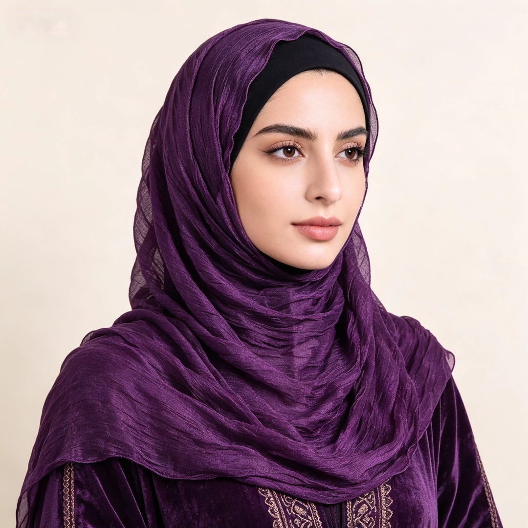 HilalHaven Shimmer Fold Crinkle Organza Hijab — Lightweight Sheen Texture Long Headscarf - Royal Violet - image 9