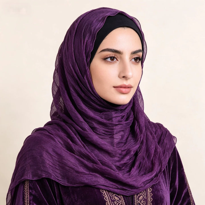 HilalHaven Shimmer Fold Crinkle Organza Hijab — Lightweight Sheen Texture Long Headscarf - Royal Violet - image 9