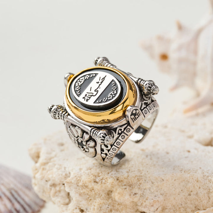 HilalHaven Vintage Crest Two‑Tone Open Signet Ring — Copper Electroplated Ornate Men&