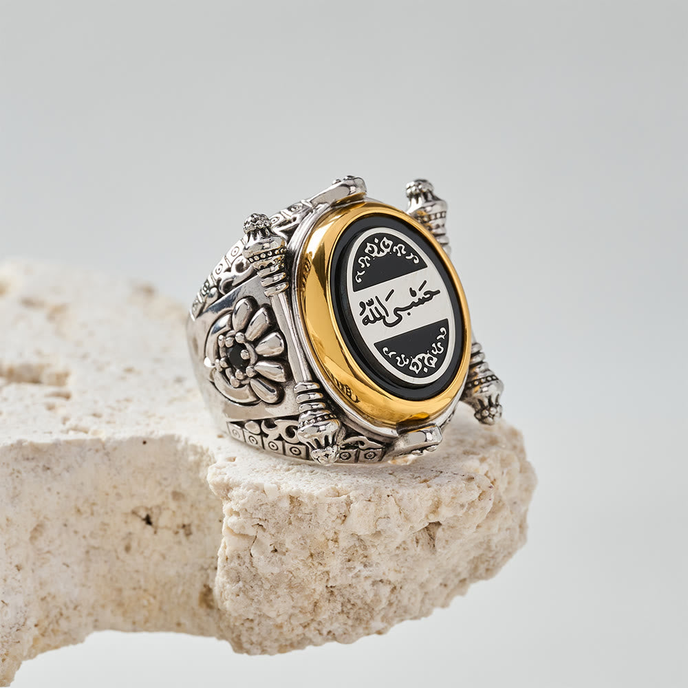HilalHaven Vintage Crest Two‑Tone Open Signet Ring — Copper Electroplated Ornate Men&