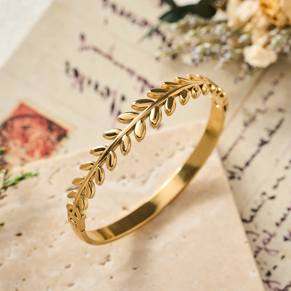 HilalHaven Laurel Glow Leaf‑Pattern Hinged Bangle — Electroplated Stainless Steel Minimalist Bracelet - image 0