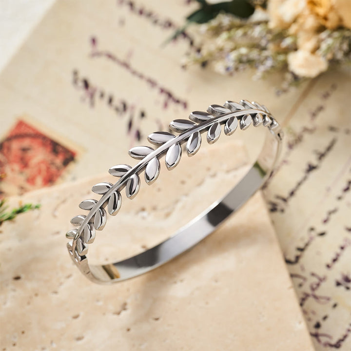 HilalHaven Laurel Glow Leaf‑Pattern Hinged Bangle — Electroplated Stainless Steel Minimalist Bracelet - image 5