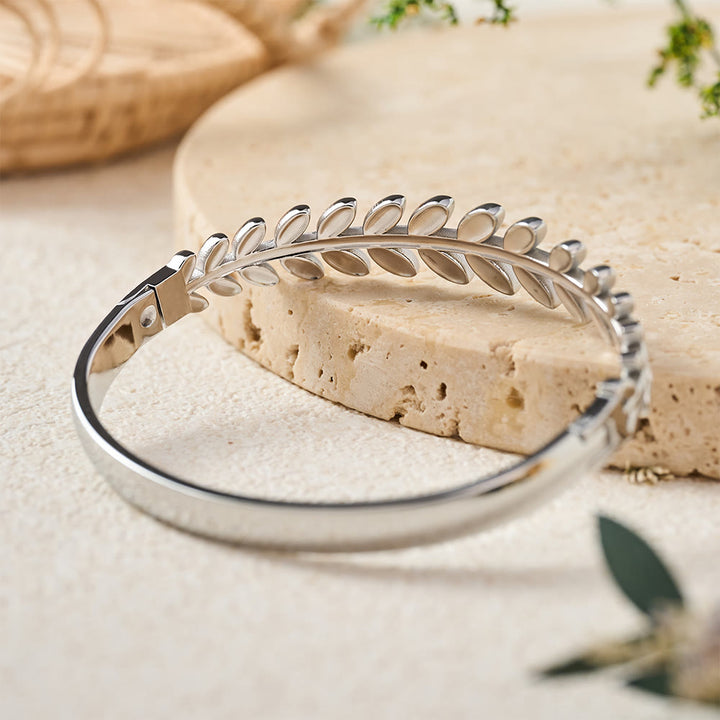 HilalHaven Laurel Glow Leaf‑Pattern Hinged Bangle — Electroplated Stainless Steel Minimalist Bracelet - image 9