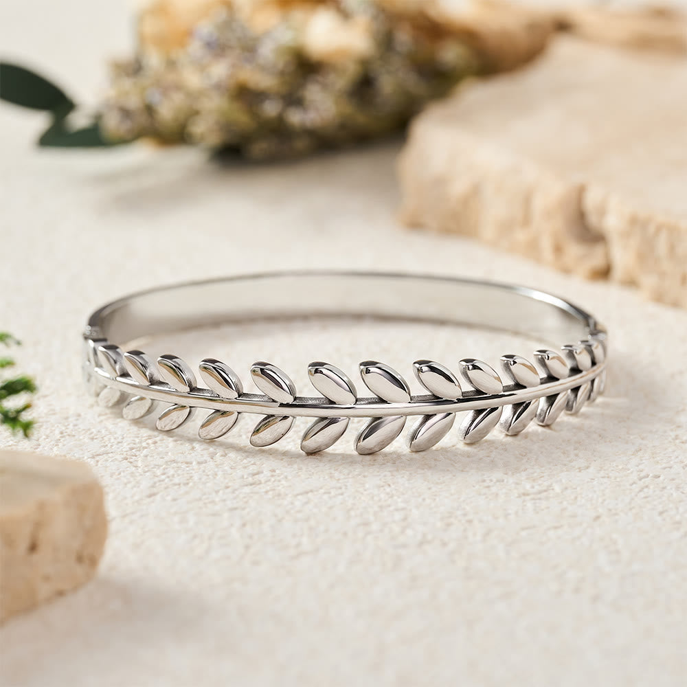 HilalHaven Laurel Glow Leaf‑Pattern Hinged Bangle — Electroplated Stainless Steel Minimalist Bracelet - image 7
