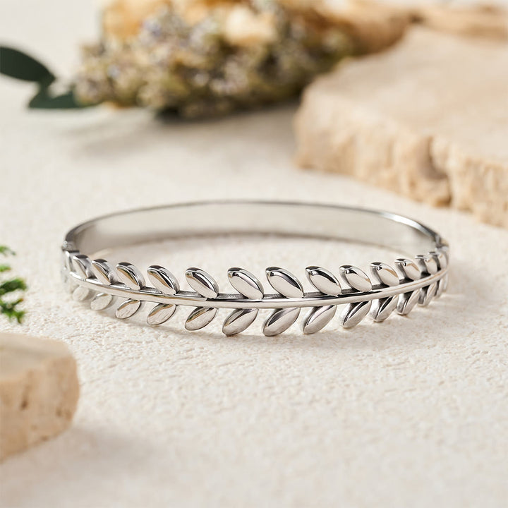 HilalHaven Laurel Glow Leaf‑Pattern Hinged Bangle — Electroplated Stainless Steel Minimalist Bracelet - image 7