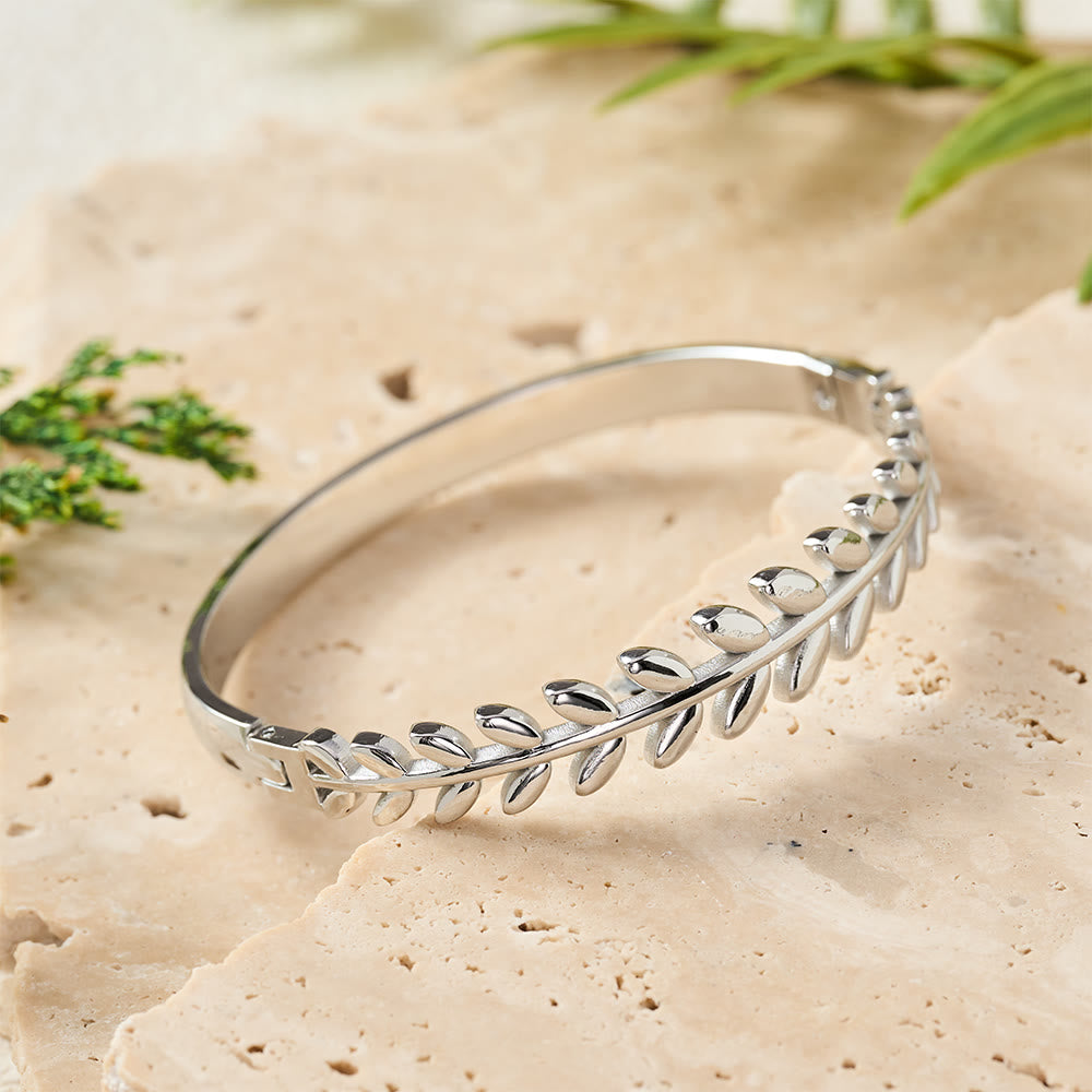 HilalHaven Laurel Glow Leaf‑Pattern Hinged Bangle — Electroplated Stainless Steel Minimalist Bracelet - image 6