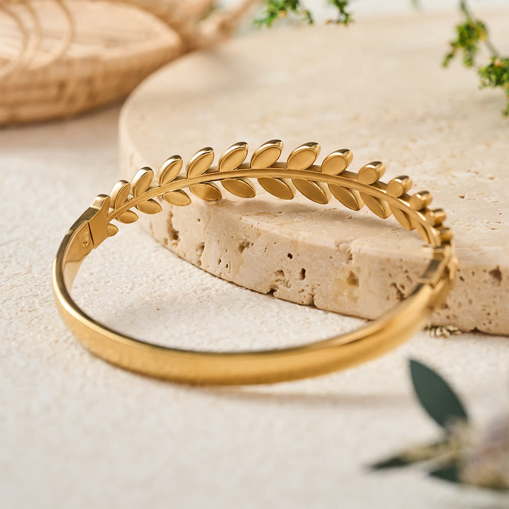 HilalHaven Laurel Glow Leaf‑Pattern Hinged Bangle — Electroplated Stainless Steel Minimalist Bracelet - image 4