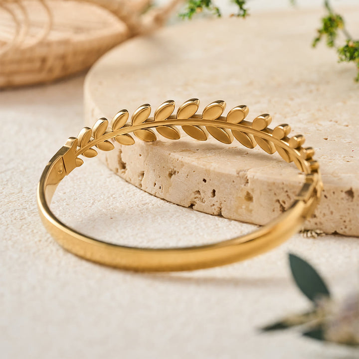 HilalHaven Laurel Glow Leaf‑Pattern Hinged Bangle — Electroplated Stainless Steel Minimalist Bracelet - image 4