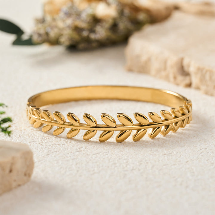 HilalHaven Laurel Glow Leaf‑Pattern Hinged Bangle — Electroplated Stainless Steel Minimalist Bracelet - image 2