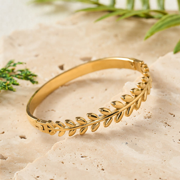 HilalHaven Laurel Glow Leaf‑Pattern Hinged Bangle — Electroplated Stainless Steel Minimalist Bracelet - image 1