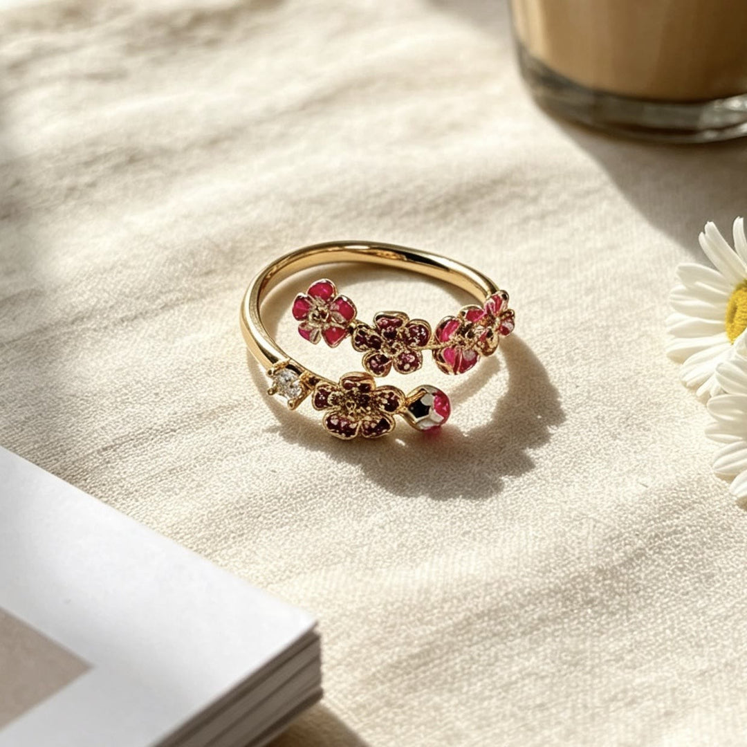 HilalHaven Blossom Trail Enamel Floral Open Ring - Pink - image 2