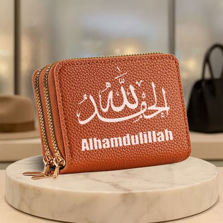 HilalHaven Grateful Whisper Calligraphic Double‑Zipper PU Wallet — Multi‑Colour Compact Card Holder - Tan - image 3