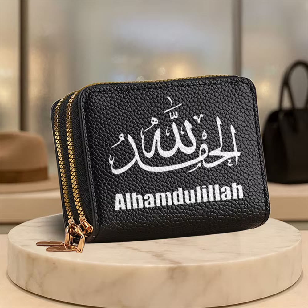 HilalHaven Grateful Whisper Calligraphic Double‑Zipper PU Wallet — Multi‑Colour Compact Card Holder - Black - image 0