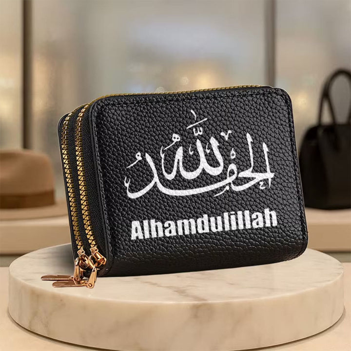 HilalHaven Grateful Whisper Calligraphic Double‑Zipper PU Wallet — Multi‑Colour Compact Card Holder - Black - image 0