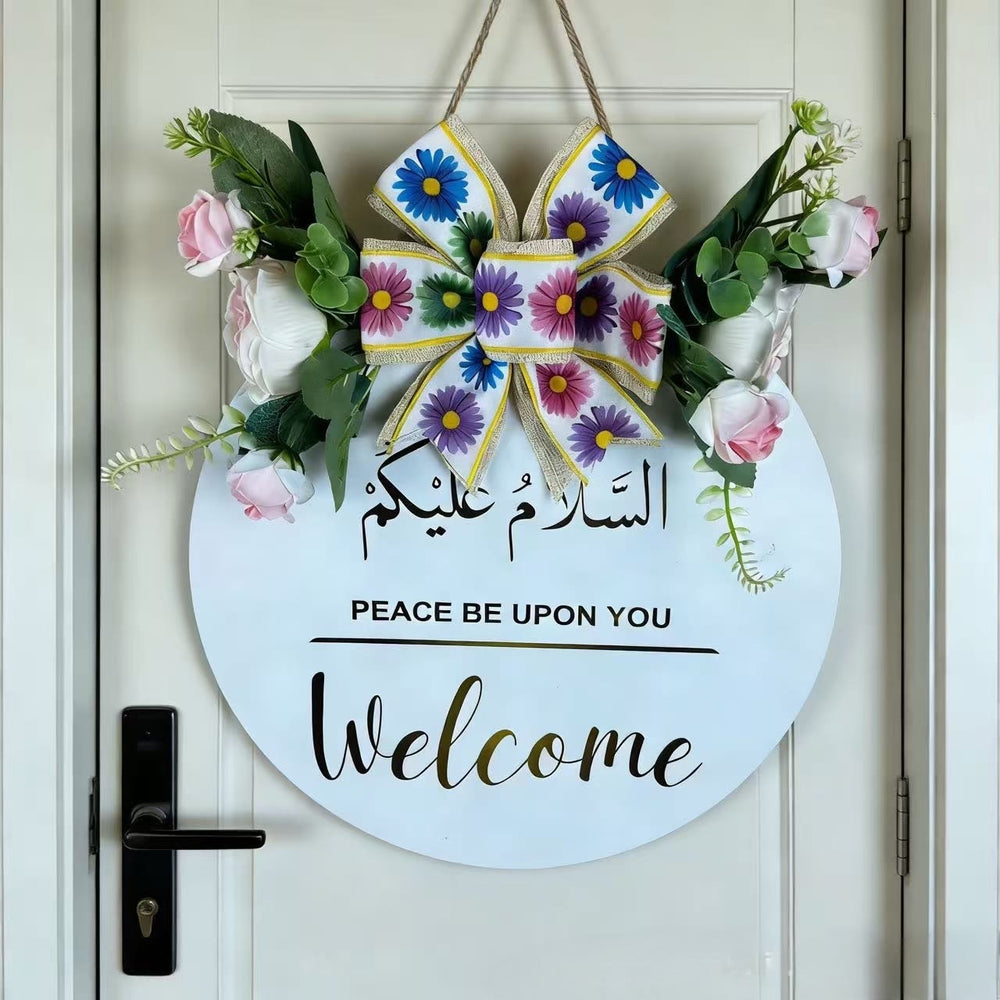 HilalHaven Peaceful Welcome Floral Bow Wooden Door Hanger — 30cm Round Entryway Wall Plaque - 11.81''*11.81''*0.78''/30*30*2cm - image 1