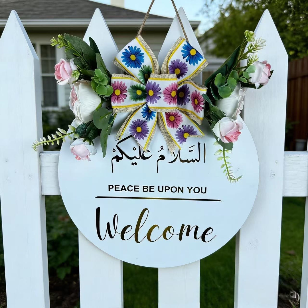 HilalHaven Peaceful Welcome Floral Bow Wooden Door Hanger — 30cm Round Entryway Wall Plaque - image 0