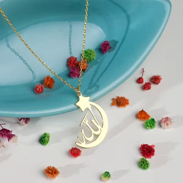 HilalHaven Star‑Crescent Script Allah Stainless Steel Necklace - Golden - image 2