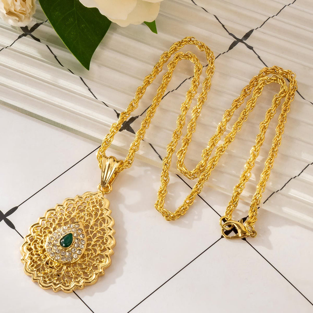 FREE Today: Palace Filigree Gem Zinc Alloy Necklace — Vintage Hollow‑Mesh Teardrop Pendant with Twisted Rope Chain - Green - image 2