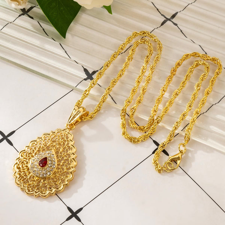 HilalHaven Palace Filigree Gem Zinc Alloy Necklace — Vintage Hollow‑Mesh Teardrop Pendant with Twisted Rope Chain - Red - image 1