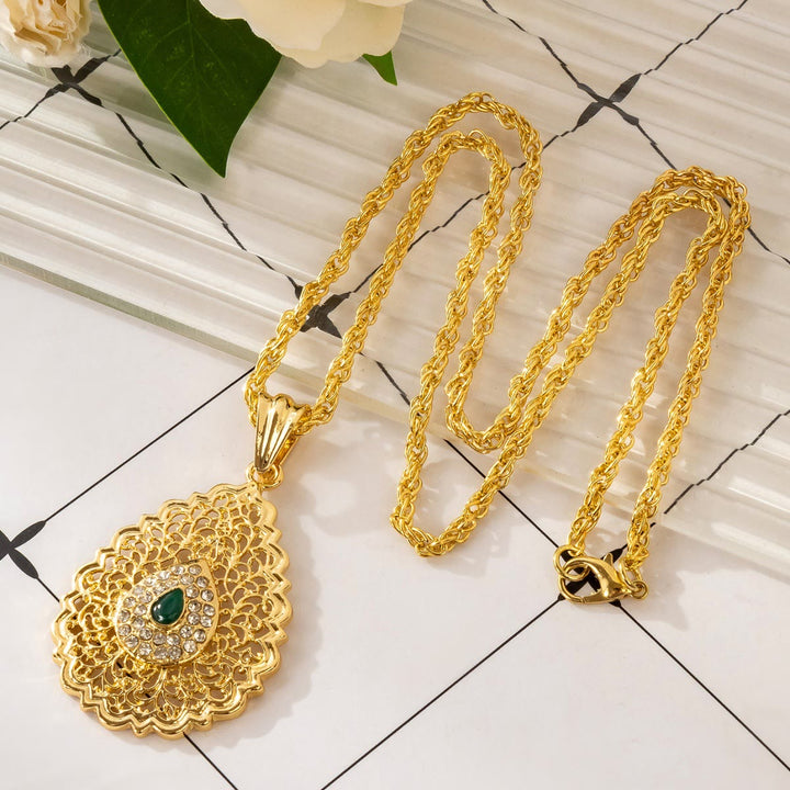 HilalHaven Palace Filigree Gem Zinc Alloy Necklace — Vintage Hollow‑Mesh Teardrop Pendant with Twisted Rope Chain - Green - image 2