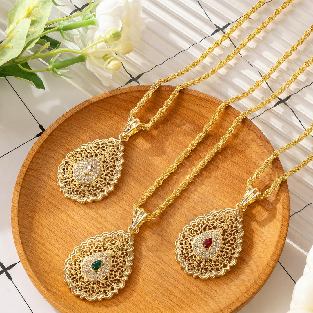 FREE Today: Palace Filigree Gem Zinc Alloy Necklace — Vintage Hollow‑Mesh Teardrop Pendant with Twisted Rope Chain - image 0