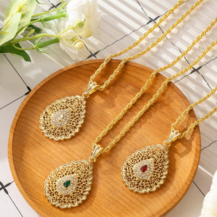FREE Today: Palace Filigree Gem Zinc Alloy Necklace — Vintage Hollow‑Mesh Teardrop Pendant with Twisted Rope Chain - image 0