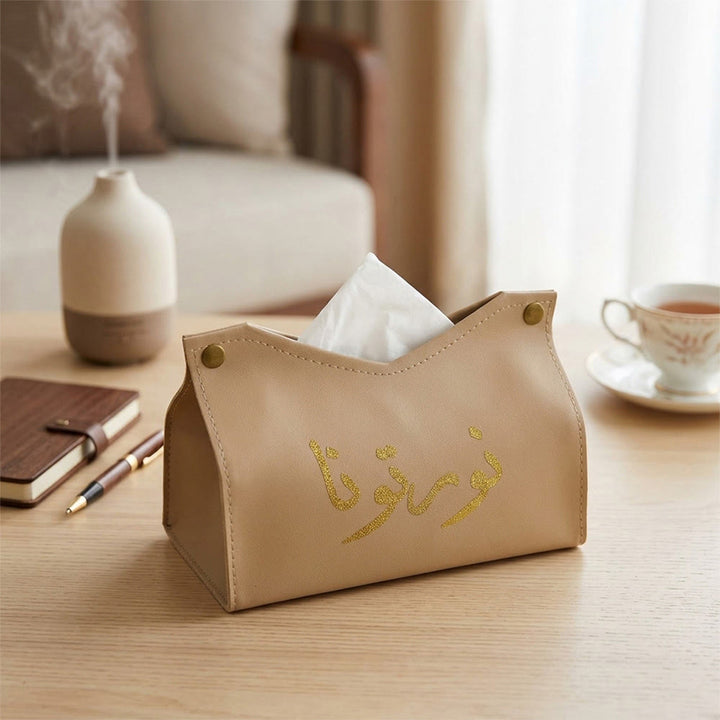Hilalhaven " Illuminates Our Days" Aureate Script Leather Tissue Box Cover - Khaki - image 4