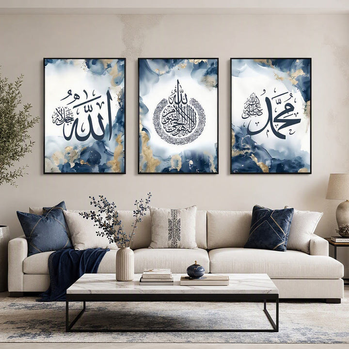 HilalHaven Ocean Gilded Triptych Navy Blue Marble Gold‑Fleck Arabic Calligraphy Canvas Wall Art - Triptych - Canvas Print Only - image 1