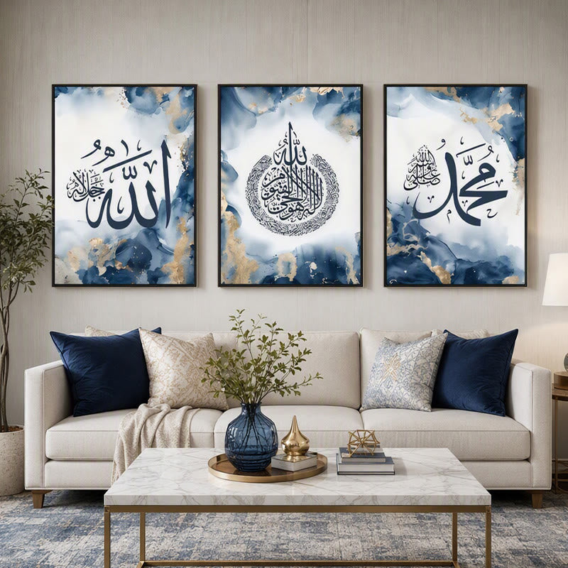 HilalHaven Ocean Gilded Triptych Navy Blue Marble Gold‑Fleck Arabic Calligraphy Canvas Wall Art - image 0