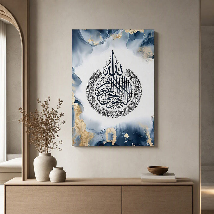 HilalHaven Ocean Gilded Triptych Navy Blue Marble Gold‑Fleck Arabic Calligraphy Canvas Wall Art - image 3