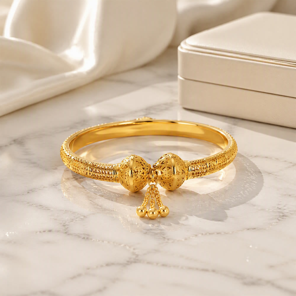 HilalHaven Filigree Sphere Tassel Bangle‑Gold‑Plated Copper Hollow‑Bead Cuff Bracelet - image 2