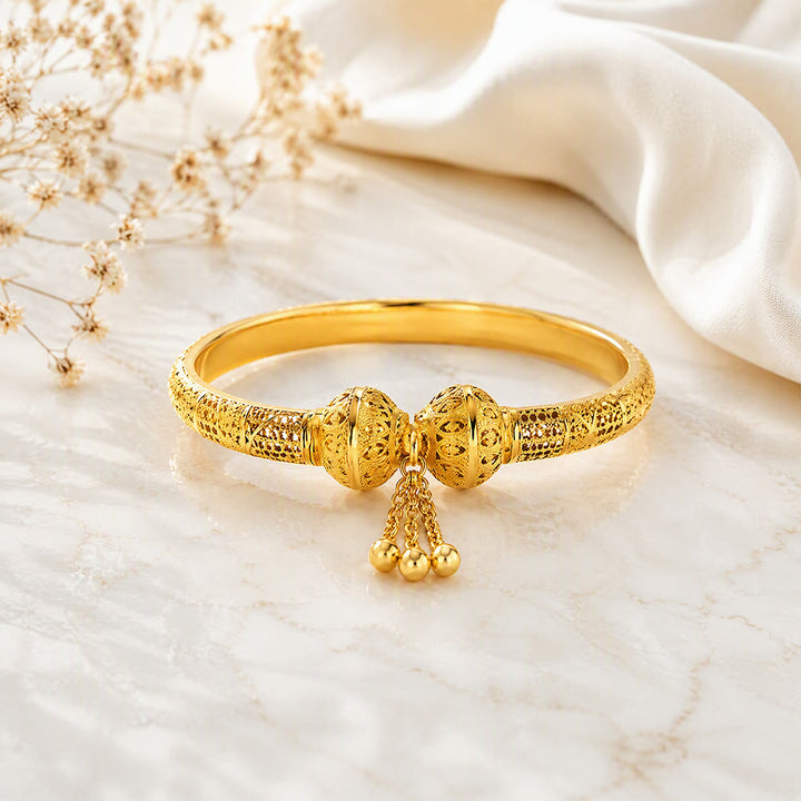 HilalHaven Filigree Sphere Tassel Bangle‑Gold‑Plated Copper Hollow‑Bead Cuff Bracelet - image 7