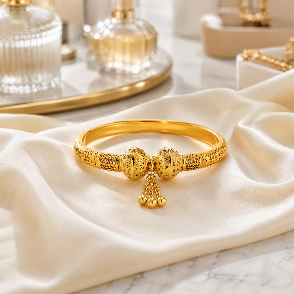 HilalHaven Filigree Sphere Tassel Bangle‑Gold‑Plated Copper Hollow‑Bead Cuff Bracelet - image 5