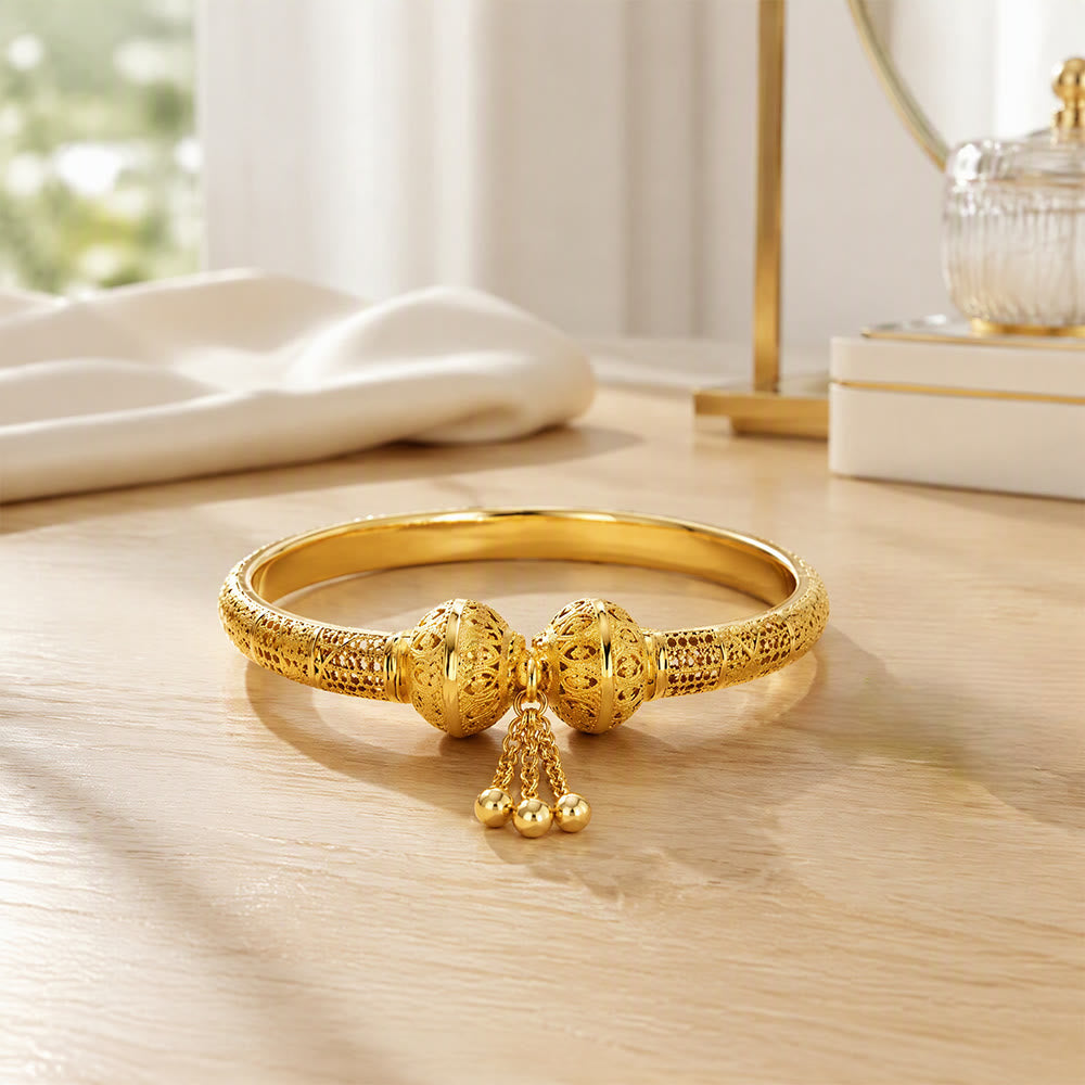 HilalHaven Filigree Sphere Tassel Bangle‑Gold‑Plated Copper Hollow‑Bead Cuff Bracelet - image 4