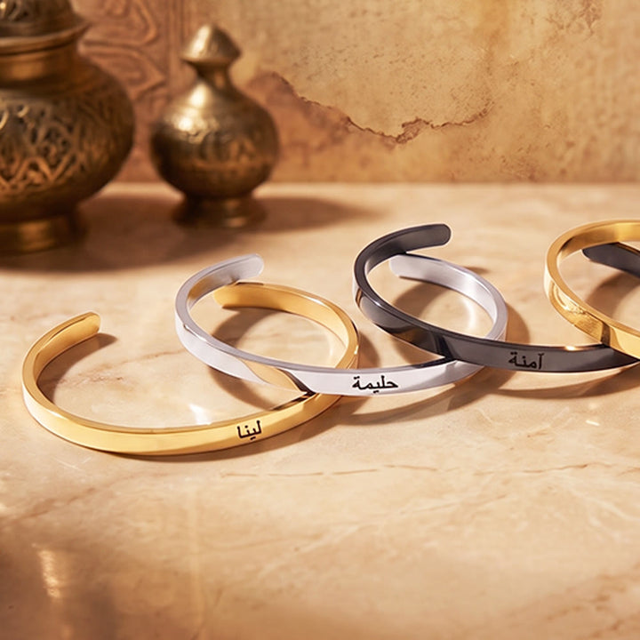 HilalHaven Script Mark Custom Arabic &amp; English Name Engraved Stainless Steel Cuff Bangl - image 0