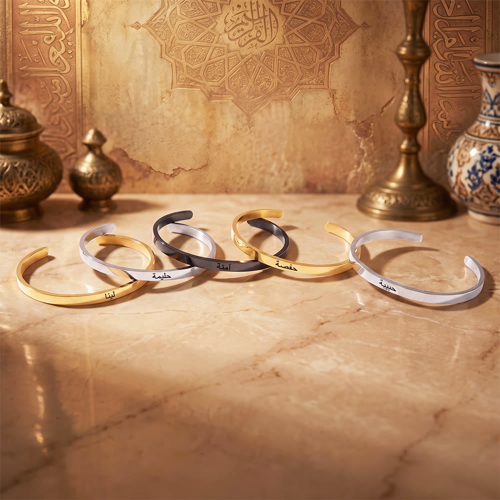 HilalHaven Script Mark Custom Arabic &amp; English Name Engraved Stainless Steel Cuff Bangl - image 2