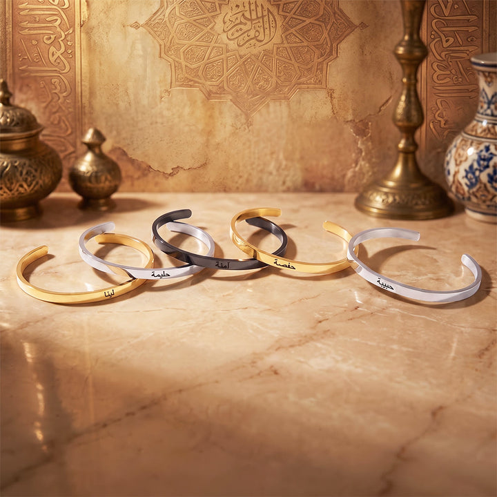 HilalHaven Script Mark Custom Arabic &amp; English Name Engraved Stainless Steel Cuff Bangl - image 2