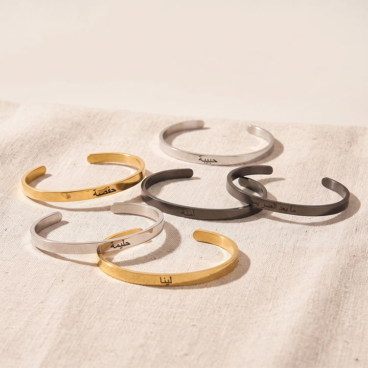 HilalHaven Script Mark Custom Arabic &amp; English Name Engraved Stainless Steel Cuff Bangl - image 4