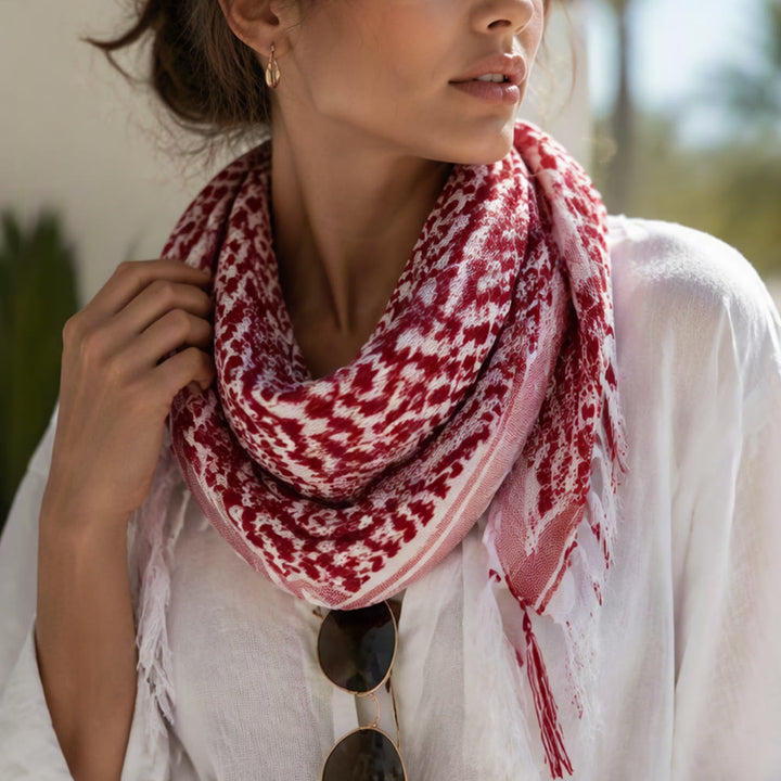 HilalHaven Heritage Weave Keffiyeh Scarf — Red White Traditional Arab Style Tassel Shawl Unisex - image 4