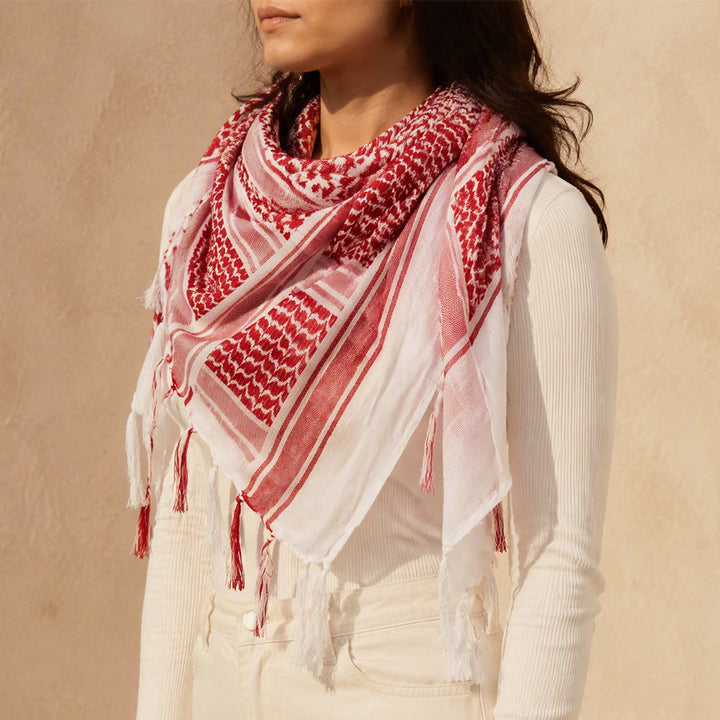 HilalHaven Heritage Weave Keffiyeh Scarf — Red White Traditional Arab Style Tassel Shawl Unisex - image 1