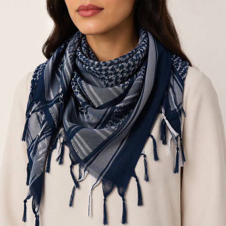 HilalHaven Twilight Tide Keffiyeh Scarf — Navy Blue White Arab Traditional Tassel Shawl Unisex - image 5