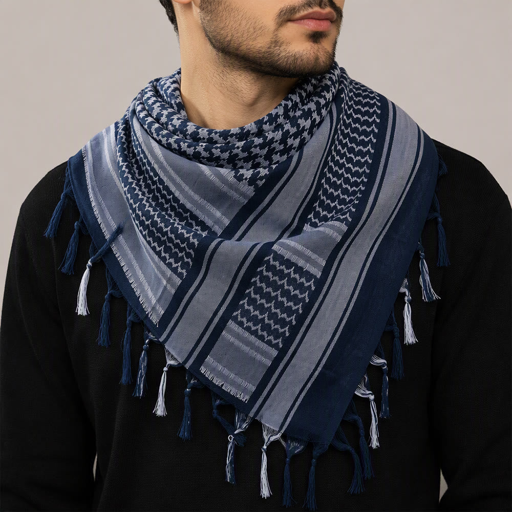 HilalHaven Twilight Tide Keffiyeh Scarf — Navy Blue White Arab Traditional Tassel Shawl Unisex - image 0