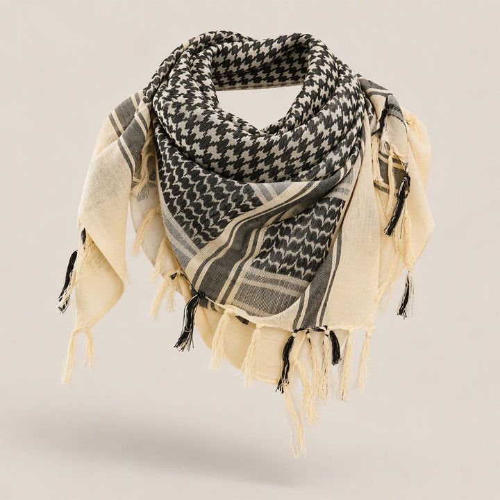 HilalHaven Dune Grain Keffiyeh Scarf — Khaki Black Traditional Arab Tassel Shawl Unisex - Cream White&amp;Black - image 2