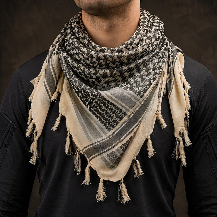 HilalHaven Dune Grain Keffiyeh Scarf — Khaki Black Traditional Arab Tassel Shawl Unisex - image 0