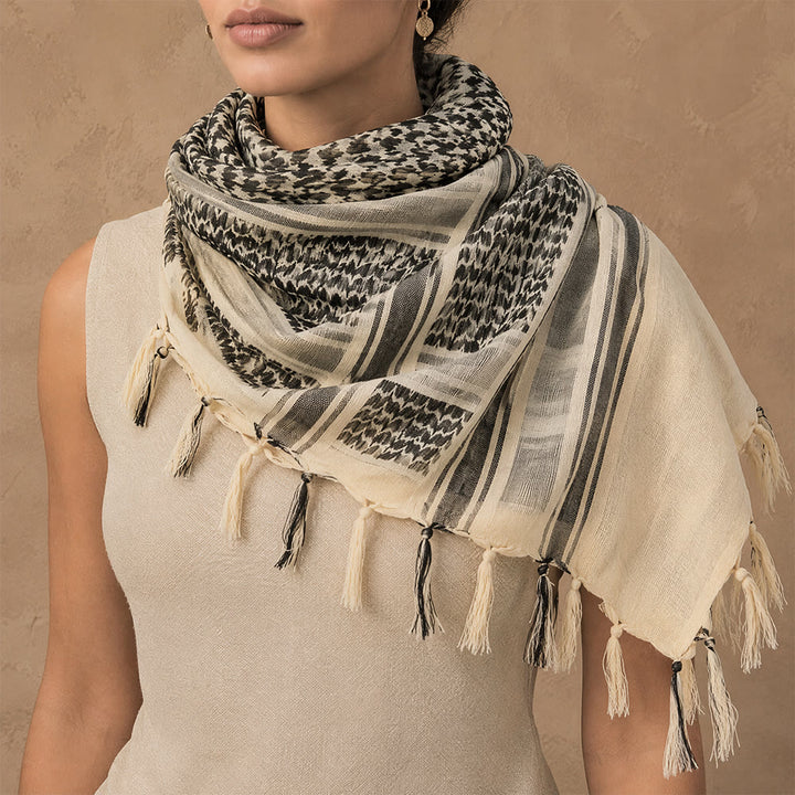 HilalHaven Dune Grain Keffiyeh Scarf — Khaki Black Traditional Arab Tassel Shawl Unisex - image 1